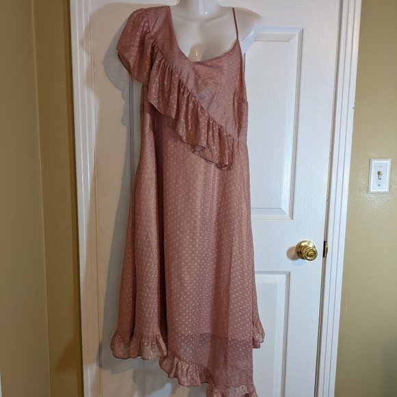 ASOS Iridescent Rose w/Gold Shimmer Pink Polkadot Asymmetrical Dress - size 16 - Picture 1 of 13